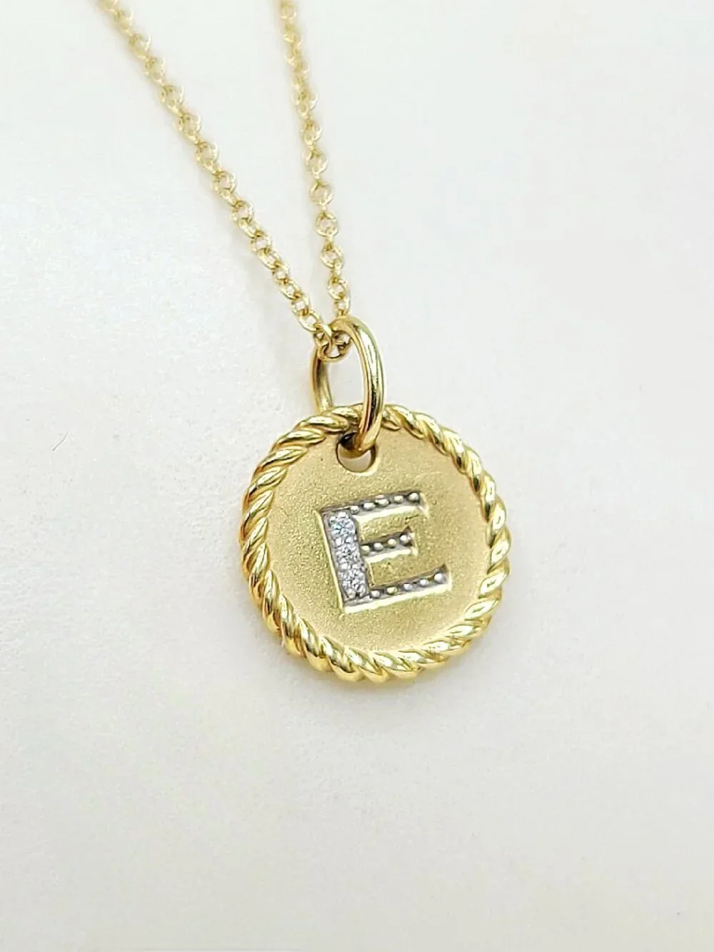 David Yurman Initial E Charm Necklace in 18K Yellow Gold w/ Diamonds - 19